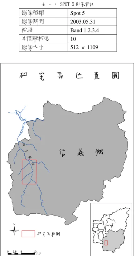 表 一： SPOT 5 影像資訊  影像種類  Spot 5  影像時間  2003.05.31  波段  Band 1.2.3.4  空間解析度  10  影像大小 512 × 1109  信  義  鄉陳  有  蘭    溪 研  究  區  位  置  圖 0 2.5 5 10 公里­ 研究區範圍 圖 一：研究區範圍示意圖 
