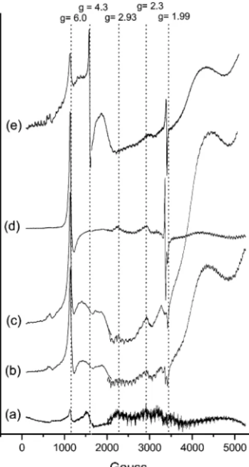 Figure 3. ESR spectra at 10 K of cyt c immobilized on (a) NaY, (b) MCM-41-S, (c) MCM-48-S, (d) MAS-9, and (e) MCM-48-S-cyt c treated with H 2 O 2 .