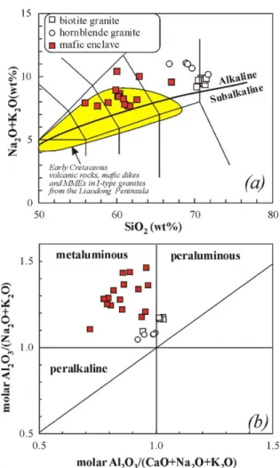 Fig. 3. Plots of (a) Na 2 O + K 2 O vs. SiO 2 and (b) A / NK [Al 2 O 3 / (Na 2 O + K 2 O)] vs