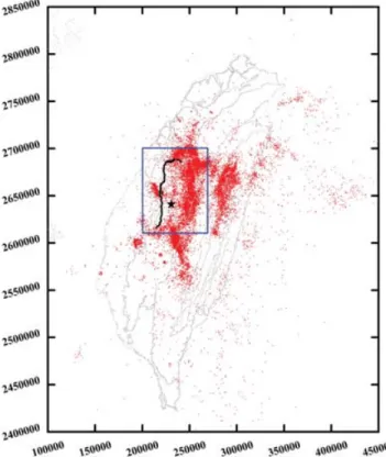 Figure 1. Map showing the epicentres of the Chi-Chi main shock (black star) and its aftershocks (red dots) occurred within 6 months after the main shock