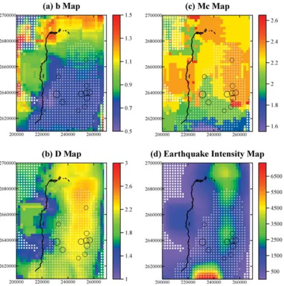 Figure 2. Maps of: (a) the b-value; (b) the fractal correlation dimension D; (c) the magnitude of completeness M c and (d) the earthquake intensity, that is, the earthquake number, obtained from the aftershock sequence occurred within 6 months after the Ch