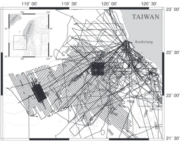 Fig. 1. Distributions of the survey lines used in this study offshore of southwest- southwest-ern Taiwan