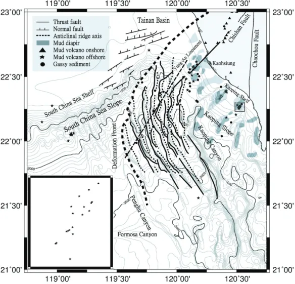 Fig. 2. The distribution map of gassy sediments and mud volcanoes. Inlet is the enlarged map showing a cluster of mud volcanoes (boxed dots) near the head of the Fangliao Canyon