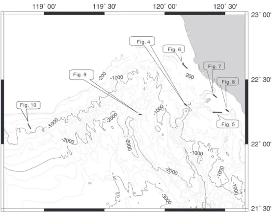 Fig. 3. Map shows the locations of the profiles used as examples in this paper. The bold lines indicate the actual locations of profiles in the specified figures.