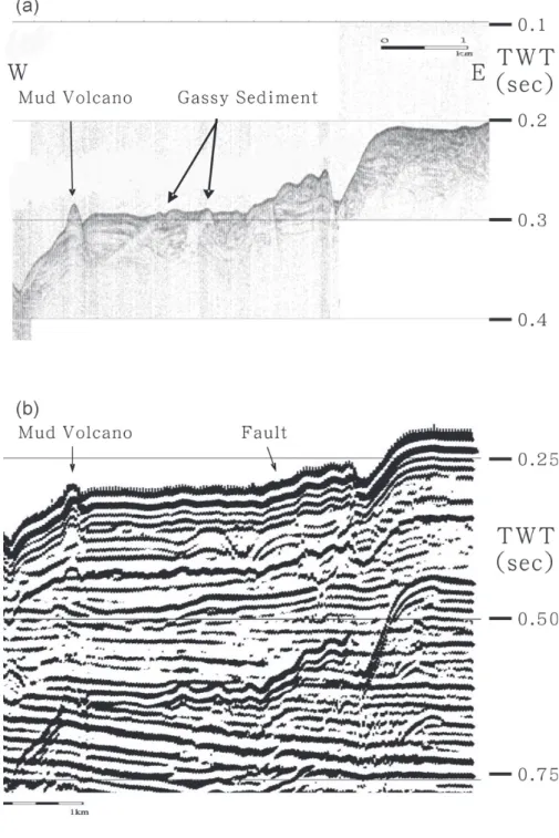 Fig. 5. Gassy sediment profiles of OR1-320 in the Kaoping Shelf, (a) 3.5 kHz sub-bottom profile and (b) corresponding seismic reflection profile.