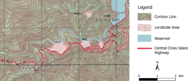 Fig. 6. Contour map of Kukuan Dam area, which shows four large landslides on the May 1986, 1:25000 scale map.