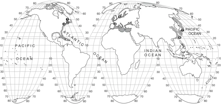 Fig. 1. Anguilla anguilla, A. japonica and A. rostrata. Main study sites showing the geographical range of each species: ( 1) Gaspé Peninsula, Quebec, Canada; (2) Nova Scotia, Canada; (3) Hudson River, United States; (4) Gironde River, France; (5) Baltic S