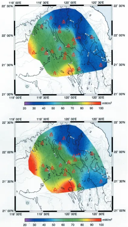 Fig. 6. Measured (top) and sedimentation-corrected (bottom) heat flow distribution. Numerical values at measured sites (    ) are heat flow value in mW m -2 .