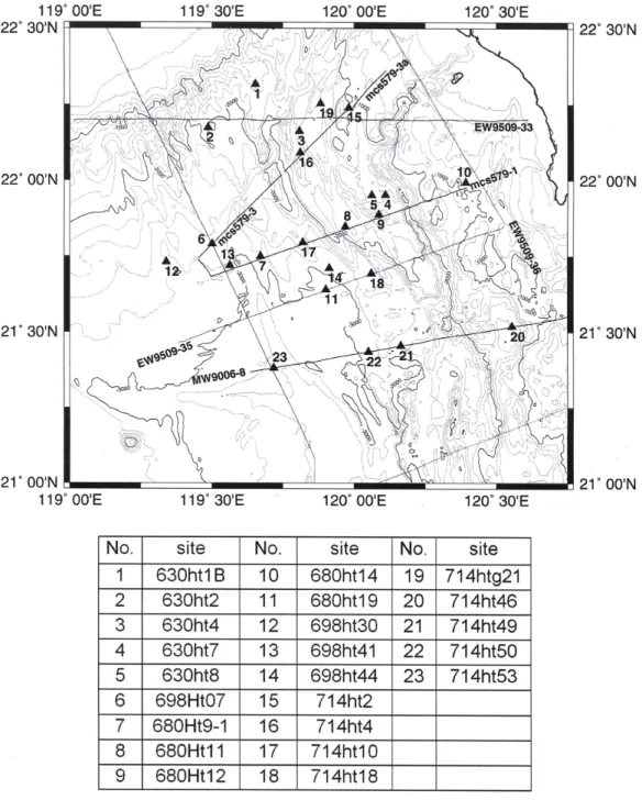 Fig. 1.  Locations of heat flow sites (   ) and seismic tracks (   ) in offshore southwestern Taiwan
