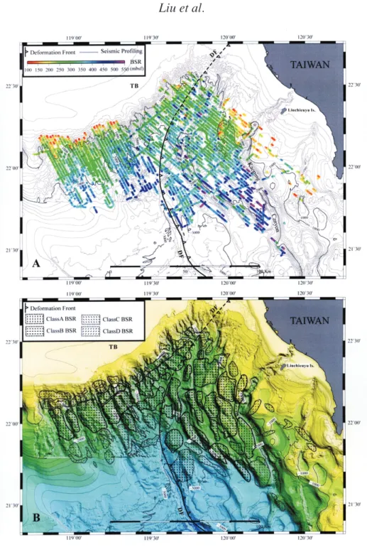 Fig. 6. BSR distribution maps. A. Locations of BSR identified along seismic profiles. Color indicates BSR sub-bottom depth