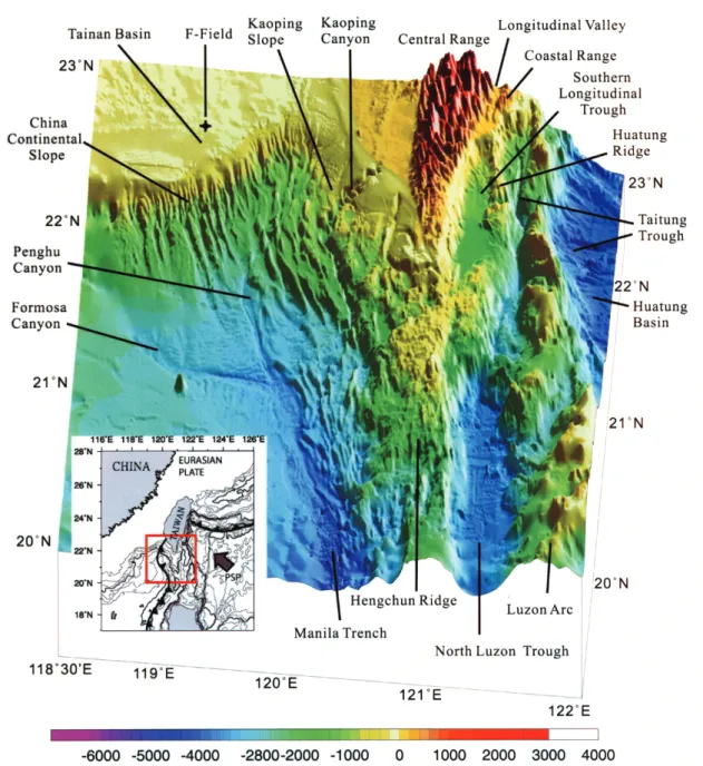 Fig. 1. Shaded-relief of the seafloor topography off southern Taiwan. Red box in inlet shows the map area