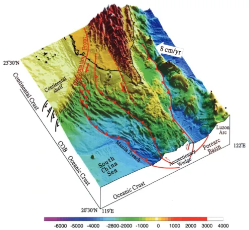 Fig. 2. Tectonic structure of the southern Taiwan offshore area. The three major thrust faults shown as red lines with teeth are, from west to east, the deformation front, the major out-of-sequence thrust that separates the lower slope domain from the uppe