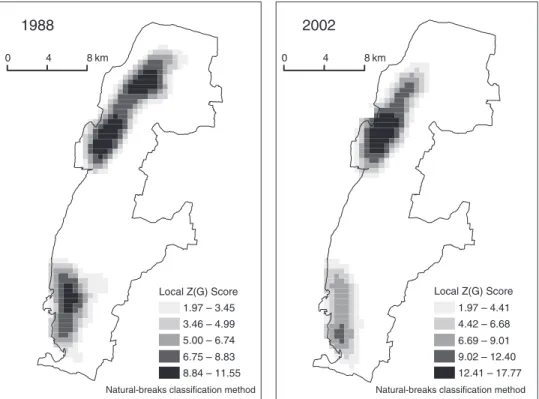 Figure 5 Spatial clustering of high-value cells in 1988 and 2002 based on the Z scores of local G- G-statistics.