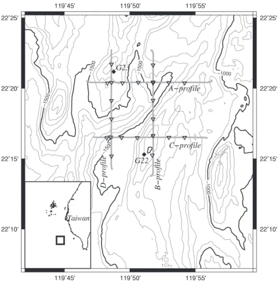 Fig. 1. Location of four OBS transect positions. Solid gray lines indicate the parts of multi-channel seismic profiles studied in this paper