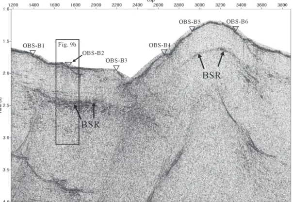 Fig. 2. Part of a multi-channel reflection profile along B-profile (see Fig. 1 for location), with locations of the OBS, noted by inverted triangles