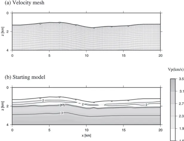 Fig. 5. (a) A velocity mesh is composed of variable size cells hanging from the seafloor; (b) Initial velocity model constructed by modified 1-D model from Fig