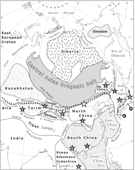 Fig. 1. Tectonic map of Asia with the main terranes, the Central Asian Organic Belt, and the Solonker suture zone [string of black elongated dots, modified after Badarch and others (2002) and Xiao and others (2004b)]