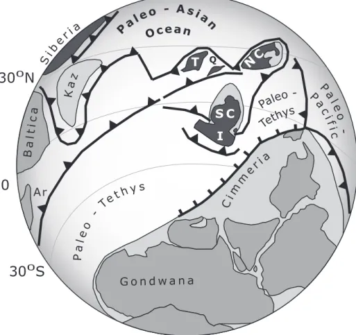 Fig. 11. Geodynamic reconstructions of the major lithospheric plates for the Early Carboniferous (modified after Li and Powell, 2001)