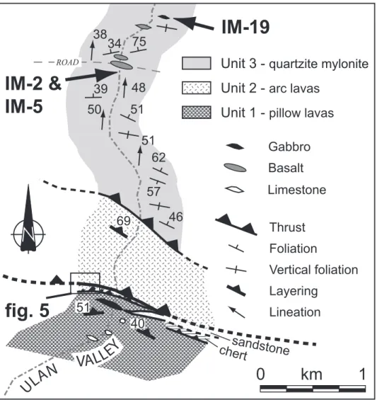 Fig. 3. Geological map of the Ondor Sum subduction-accretion complex in the Ulan Valley based on Xiao and others (2003), showing its main litho-tectonic units and structures