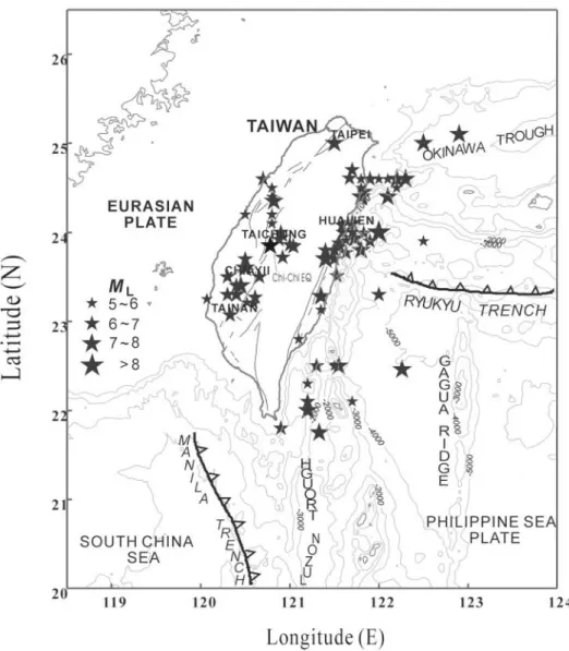 Figure 1. Epicenter distribution of disastrous earthquakes during 1900–1999 in the Taiwan area