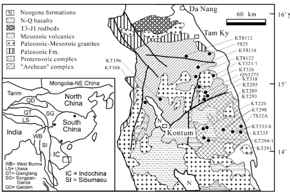 Fig. 1. Simplified geological map of the northern Kontum massif, central Vietnam (modified from Nam, 1998) showing the basement rocks and sample localities of this study