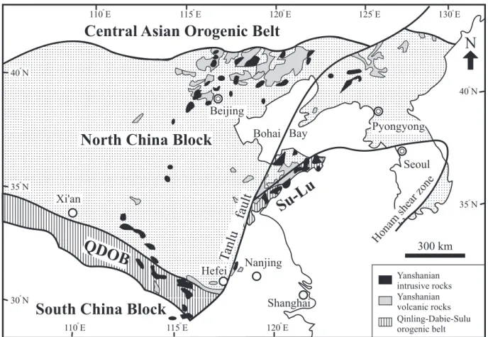 Fig. 1 Sketch map of the distribution of the Yanshanian igneous rocks from North China and the Dabie–Sulu orogenic belt (modiﬁed after Chung, 1999).