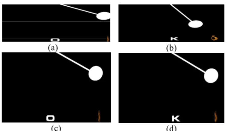 Fig. 19. (a) Original even field, (b) Original odd field, (c) The letter K  disappears by intra-field interpolation in the even field, (d) The letter O  disappears by intra-field interpolation in the odd field
