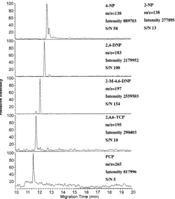 Figure 2. Mass electropherograms of a 40 ppm (dissolved in H 2 O) phenolic mixture using the low-flow CE/ESI-MS interface