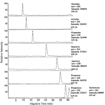 Figure 5. Mass electropherograms of a 200 ppm (dissolved in running buffer) phenolic mixture using the low-flow CE/ESI-MS interface