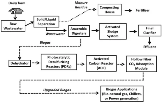 Fig. 1. Flowsheet of all processes for biogas production, desulphurization and upgrading.