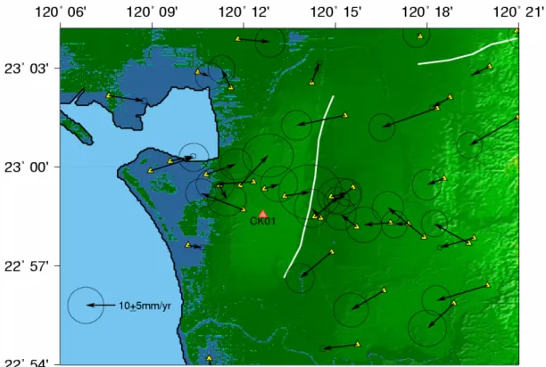 Fig. 6.  The GPS horizontal velocity relative to CK01 continuous station in central  Tainan tableland