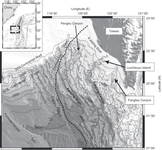 Fig. 1. Geological setting of the study area o¡shore SW Taiwan. The black dashed line represents the deformation front separating the passive South China Sea (SCS) continental margin from the active submarineTaiwan orogenic wedge