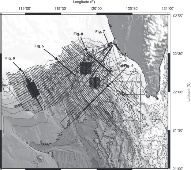 Fig. 2. Location map of the chirp sonar pro¢les used in this study, shown as thin lines