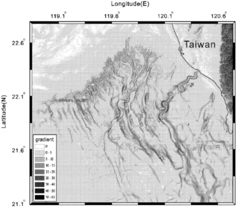 Fig. 3. Topographic gradient (slope) map of the study area. High gradients occur in the upper slope of the eastern portion of the passive SCS margin, and along submarine canyon walls and ridge