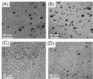 Fig. 1 TEM images of the (A) THPC–Au NPs, (B) NaBH 4 –Au NPs, and (C, D) 11-MUA–Au NDs from (C) THPC–Au NPs and (D) NaBH 4 – AuNPs after etching with 11-MUA.