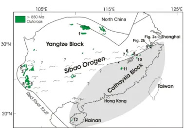 Fig. 1. Distribution of the Sibao orogen and major pre-880 Ma outcrops in South China (modiﬁed after Z.X