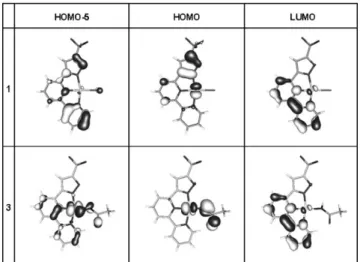 Figure 5. The HOMO and LUMO for Pt II complexes 1 and 3.