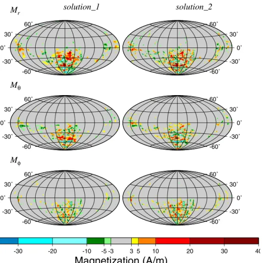 Figure 4. Crustal magnetization of Mars obtained from the multiscale inversion, solution_1 (left column) and the conventional simple damping solution_2 (right column)