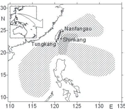 Table 1. The sampling periods and locations for the billfishes caught by the Taiwanese offshore  and coastal fisheries.
