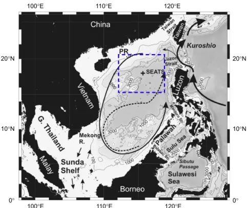 Fig. 1. Topography of the South China Sea (SCS) and surrounding seas with major surface currents marked (modiﬁed after Liu et al., 2009)