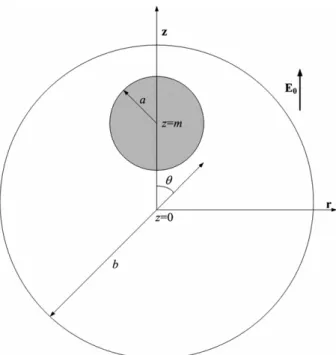 Fig. 1. The problem considered where a spherical particle of radius a is placed at an arbitrary position in a spherical cavity of radius b