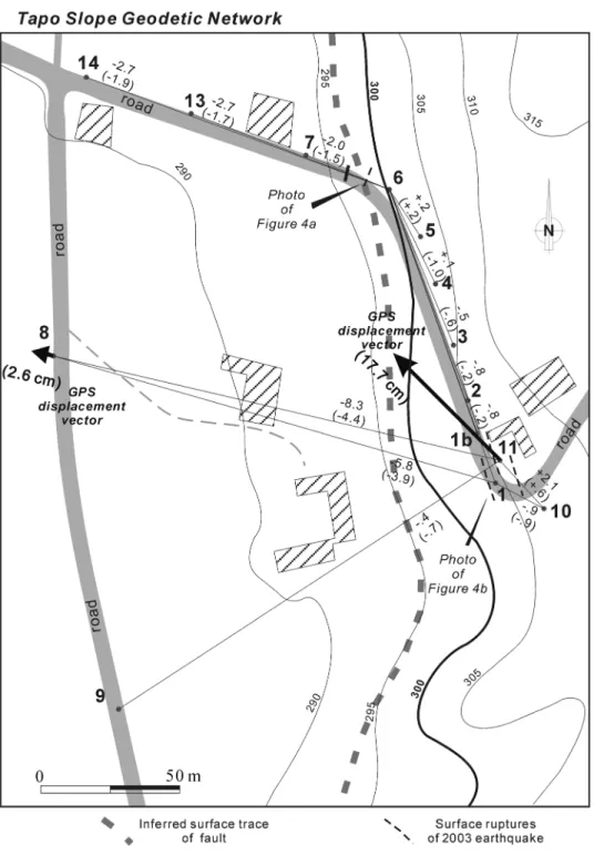 Figure 3. Geodetic network at the Tapo slope site. The contours show the 15- to 20-m-high scarp of the Chihshang fault