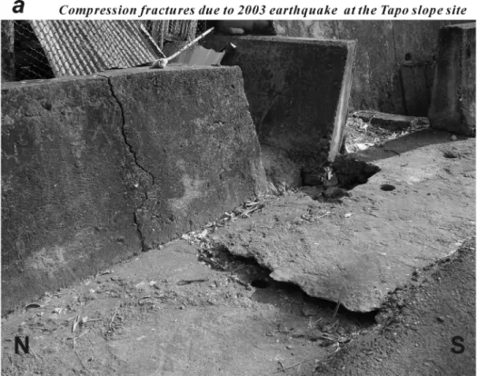 Figure 4. Photographs of the surface ruptures of concrete pavement along the roadside caused by the 2003 Chengkung earthquake at the Tapo slope site