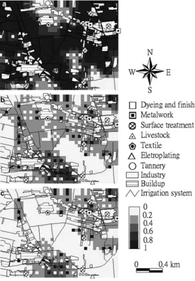 Figure 11a shows that the areas with a high probability of Cu exceeding the threshold for the fourth class (21 mg/kg) of Cu and a high short-range variation are in the northeast and northwest