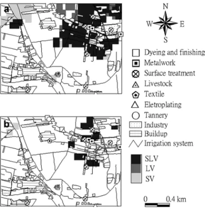 Figure 11a also reveals that these two areas verify most locations of suspected pollution sources, except the northwest.