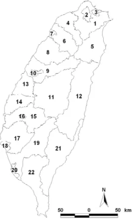Figure 1 displays a map depicting the distribution of the counties in Taiwan, while Figs