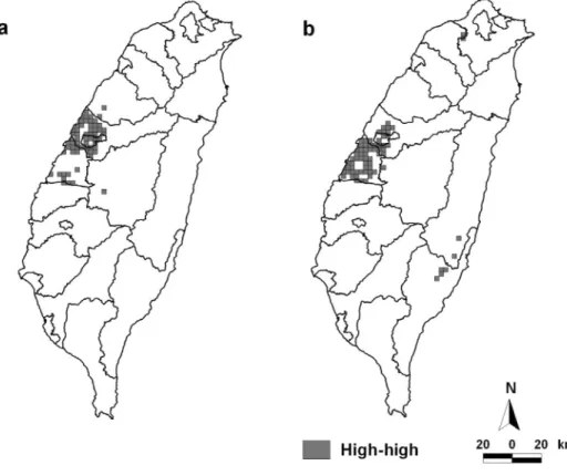 Fig. 5. Statistically significant (P <0.01) clusters of high chromium (a) and nickel (b) content