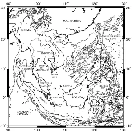 Figure 1. Topographic map of the South China Sea and its surrounding regions (contour interval at 2000 m).NWB: Northwest Sub-basin, SWB: Southwest sub-basin, Y.B.: Yingge Basin, M.: Mindoro, E.L.T.: East Luzon Trough, MIN: Mindanao, H.I.A.: