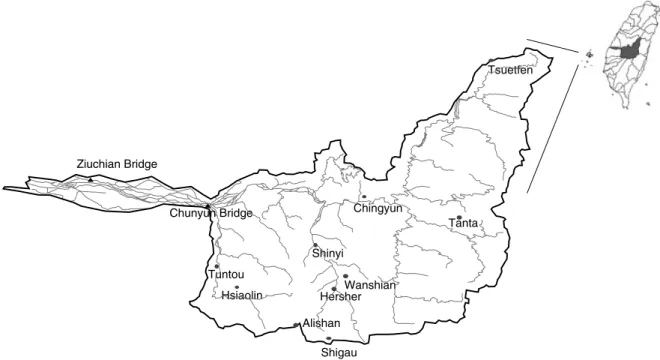 Figure 2. Location of gauging stations ( : water level; ž : rain stations) in the Choshui River, Taiwan