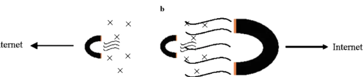 Fig. 4. Resource awareness: larger magnet out-attracting the small magnet. (a) Small magnet (resource-limited sink, e.g., PDA) attracts data and transmits via resource-limited network (e.g., GPRS) to Internet